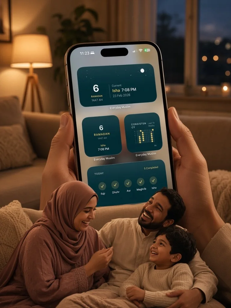 A family looking at Everyday Muslim prayer widgets