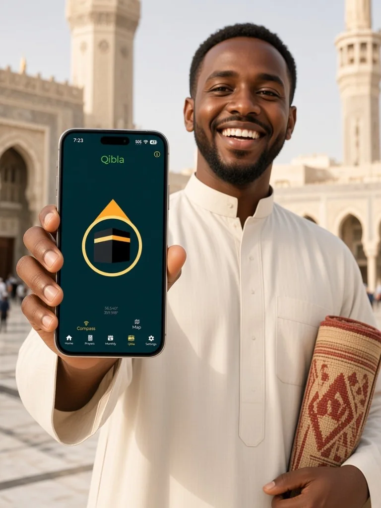 Qibla compass held up in a mosque courtyard