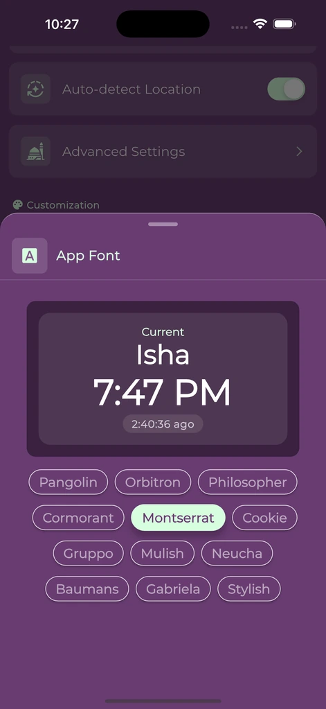 App font selection with a live preview