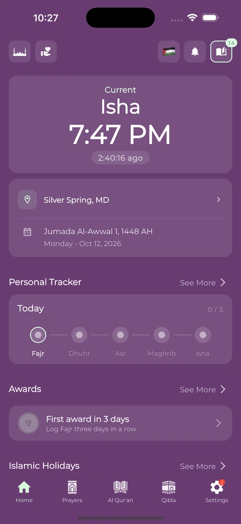 Home screen with a custom purple color theme