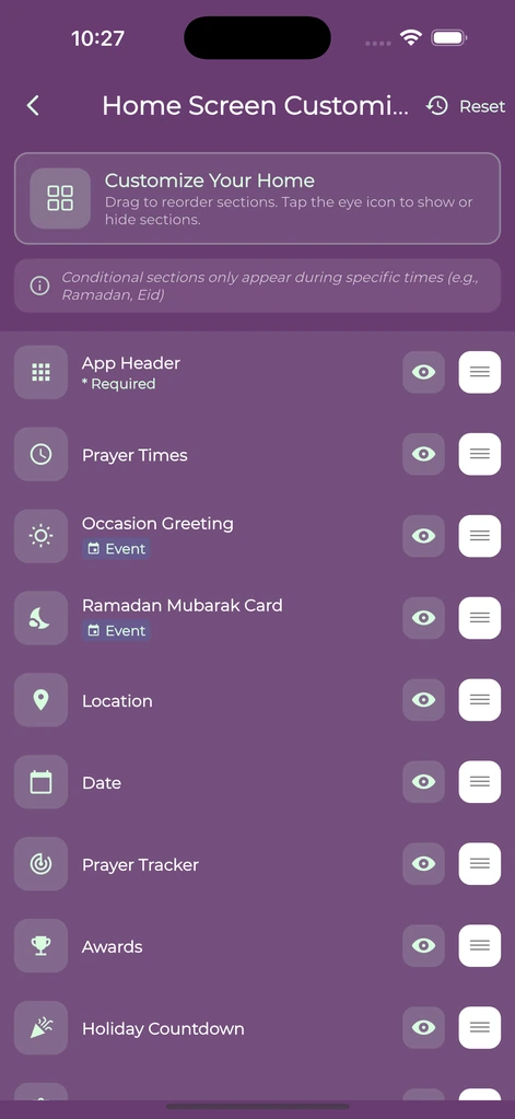 Reorder, show, and hide home-screen sections