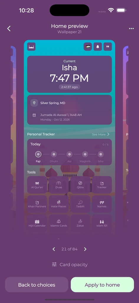Wallpaper preview with adjustable card opacity