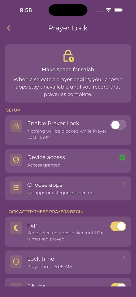 Prayer Lock settings for app selection and protected prayers